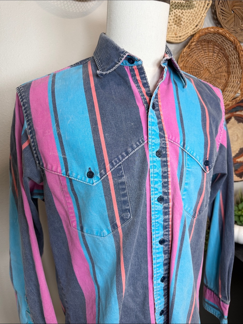 Vtg 90’s Wrangler Brush Popper Button Up Long Sleeve Pink Turquoise Blue Orange - Picture 3 of 16